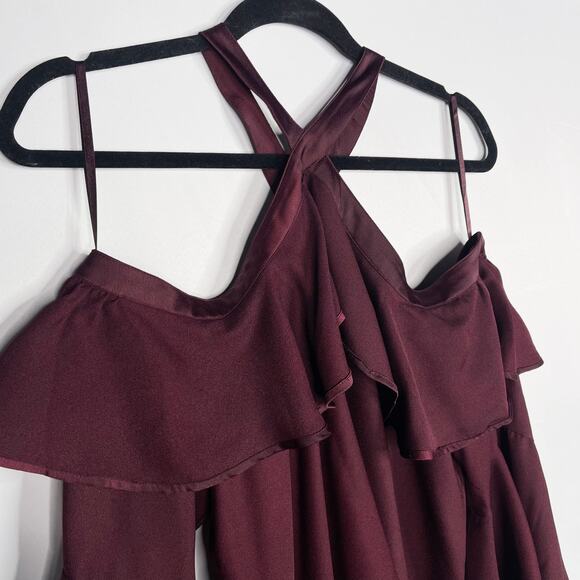 New LOFT M Burgundy Red Ruffle Off The Shoulder Halter Blouse Top Bell Sleeve - Picture 6 of 13